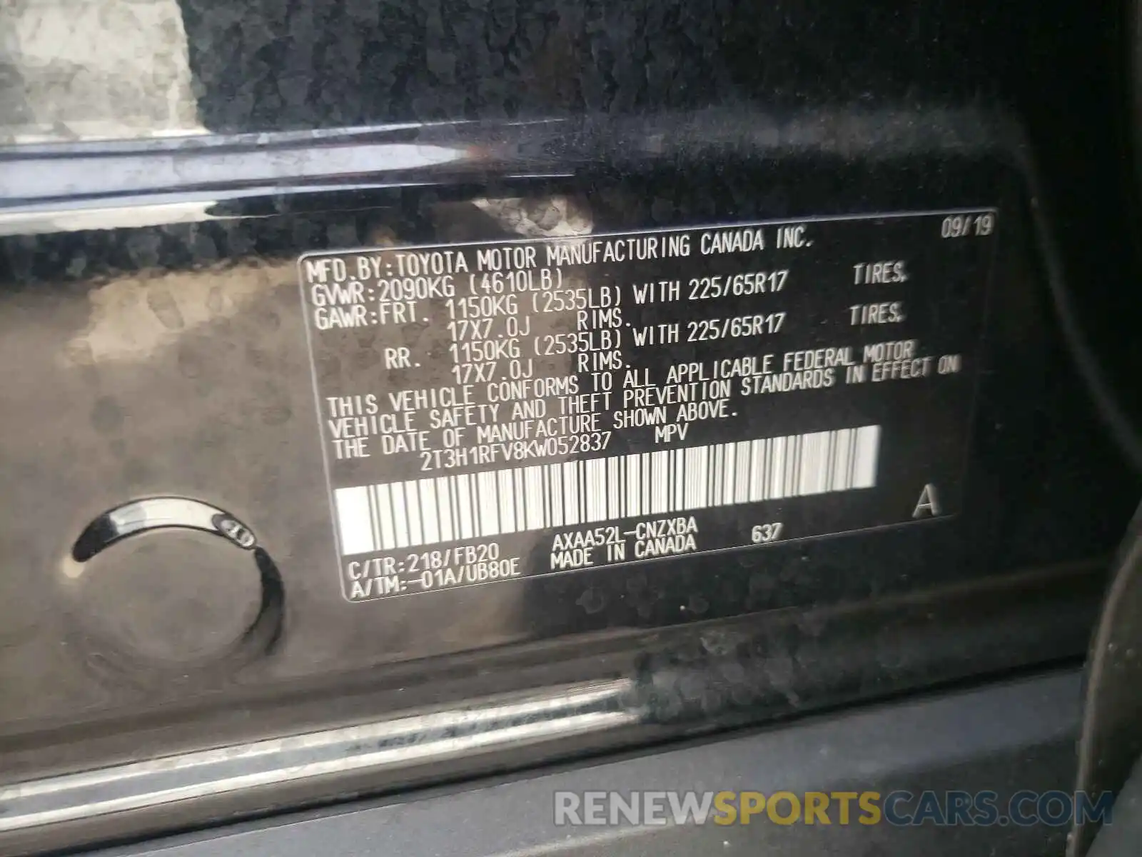 10 Photograph of a damaged car 2T3H1RFV8KW052837 TOYOTA RAV4 2019