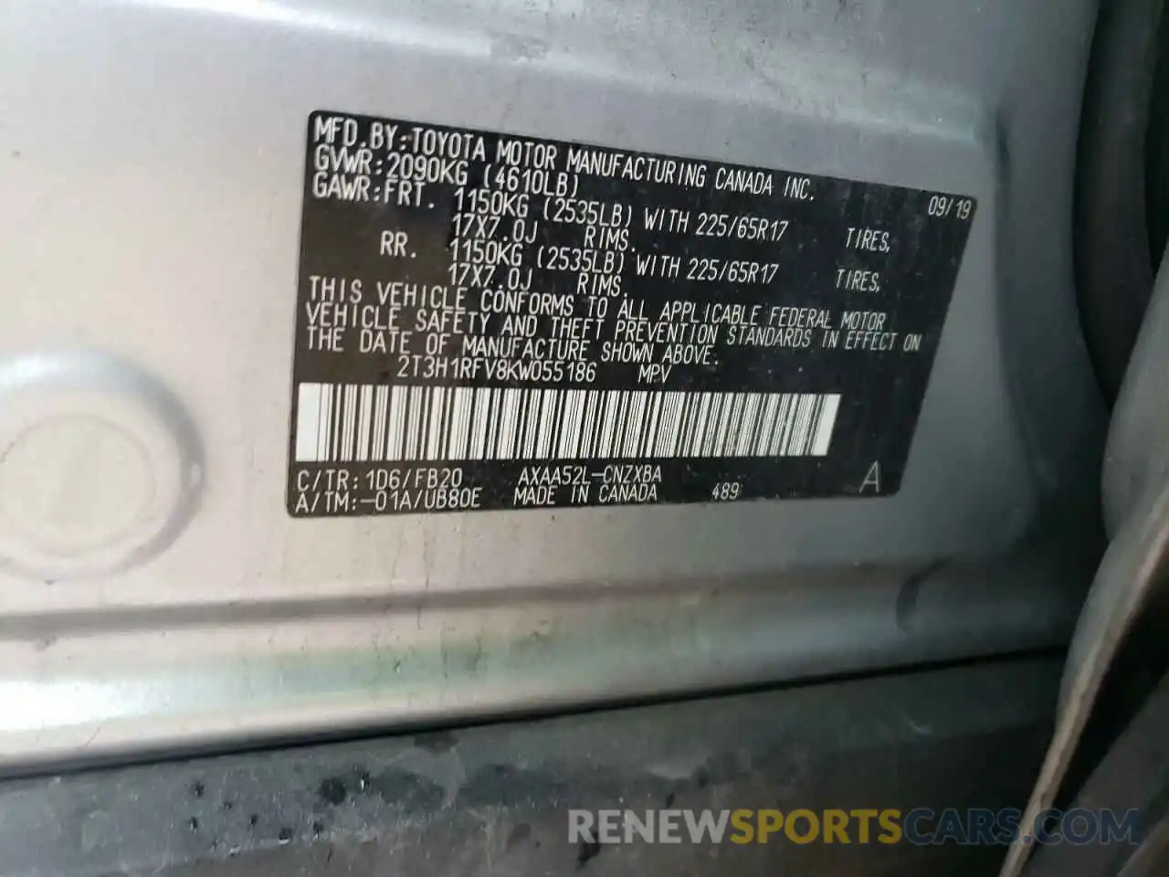 12 Фотография поврежденного автомобиля 2T3H1RFV8KW055186 TOYOTA RAV4 2019