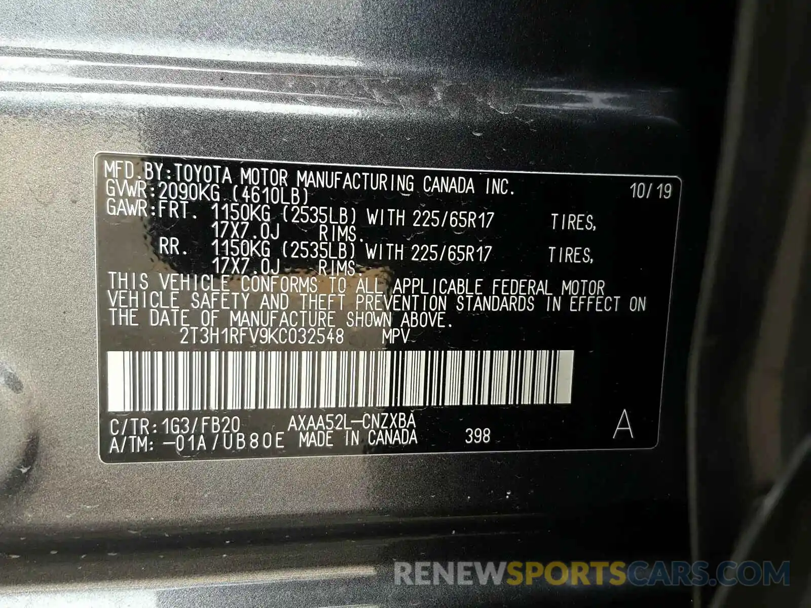 10 Фотография поврежденного автомобиля 2T3H1RFV9KC032548 TOYOTA RAV4 2019