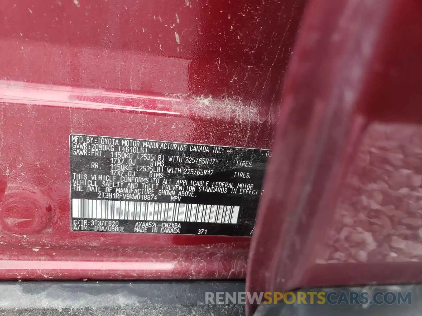 10 Photograph of a damaged car 2T3H1RFV9KW018874 TOYOTA RAV4 2019