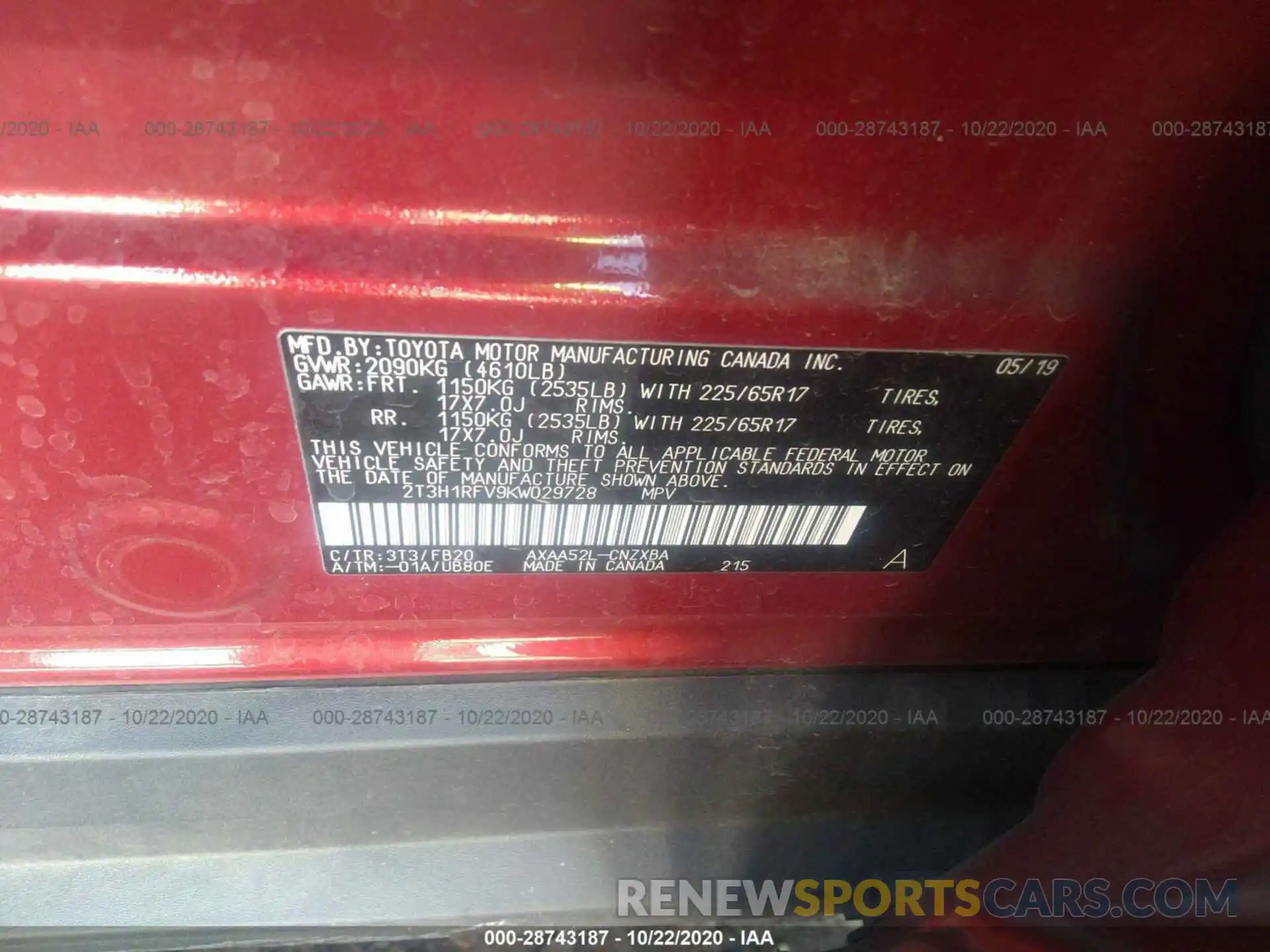 9 Photograph of a damaged car 2T3H1RFV9KW029728 TOYOTA RAV4 2019