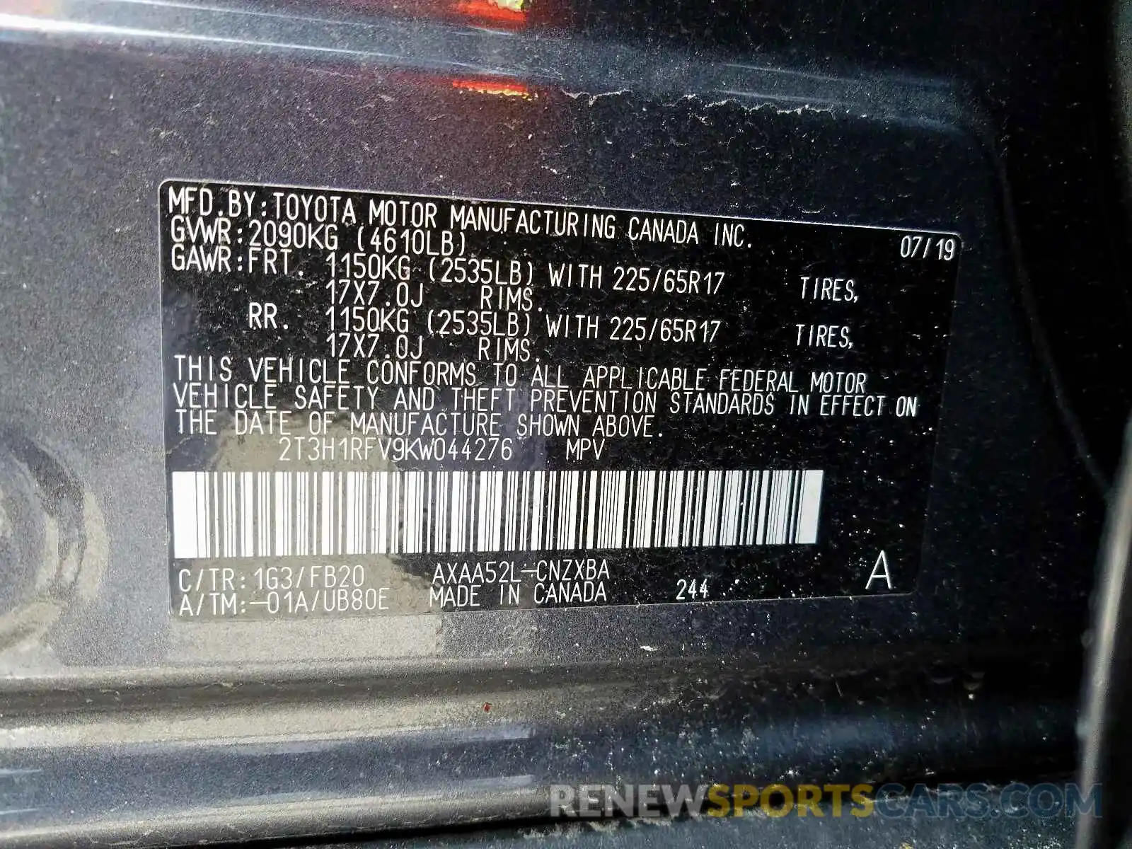 10 Photograph of a damaged car 2T3H1RFV9KW044276 TOYOTA RAV4 2019