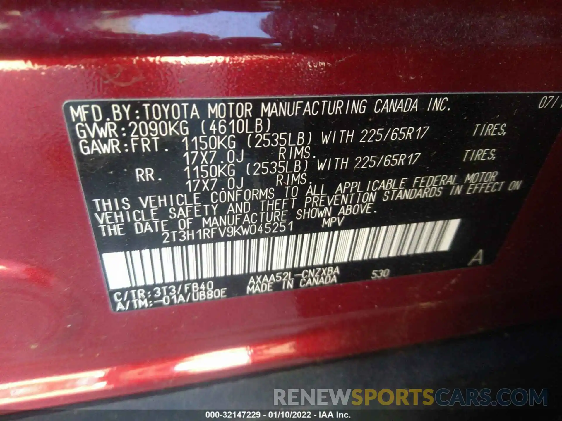 9 Photograph of a damaged car 2T3H1RFV9KW045251 TOYOTA RAV4 2019