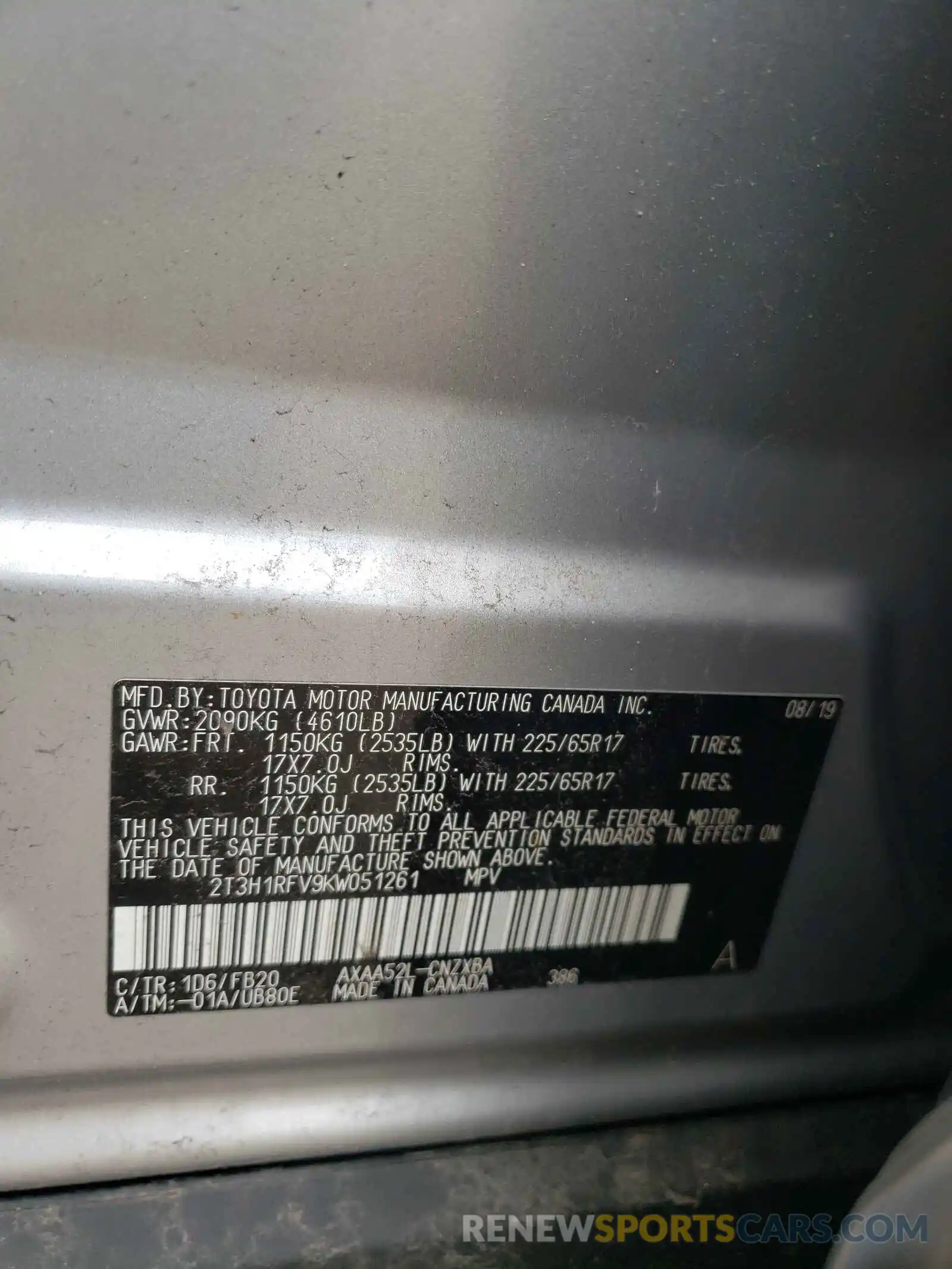 10 Photograph of a damaged car 2T3H1RFV9KW051261 TOYOTA RAV4 2019