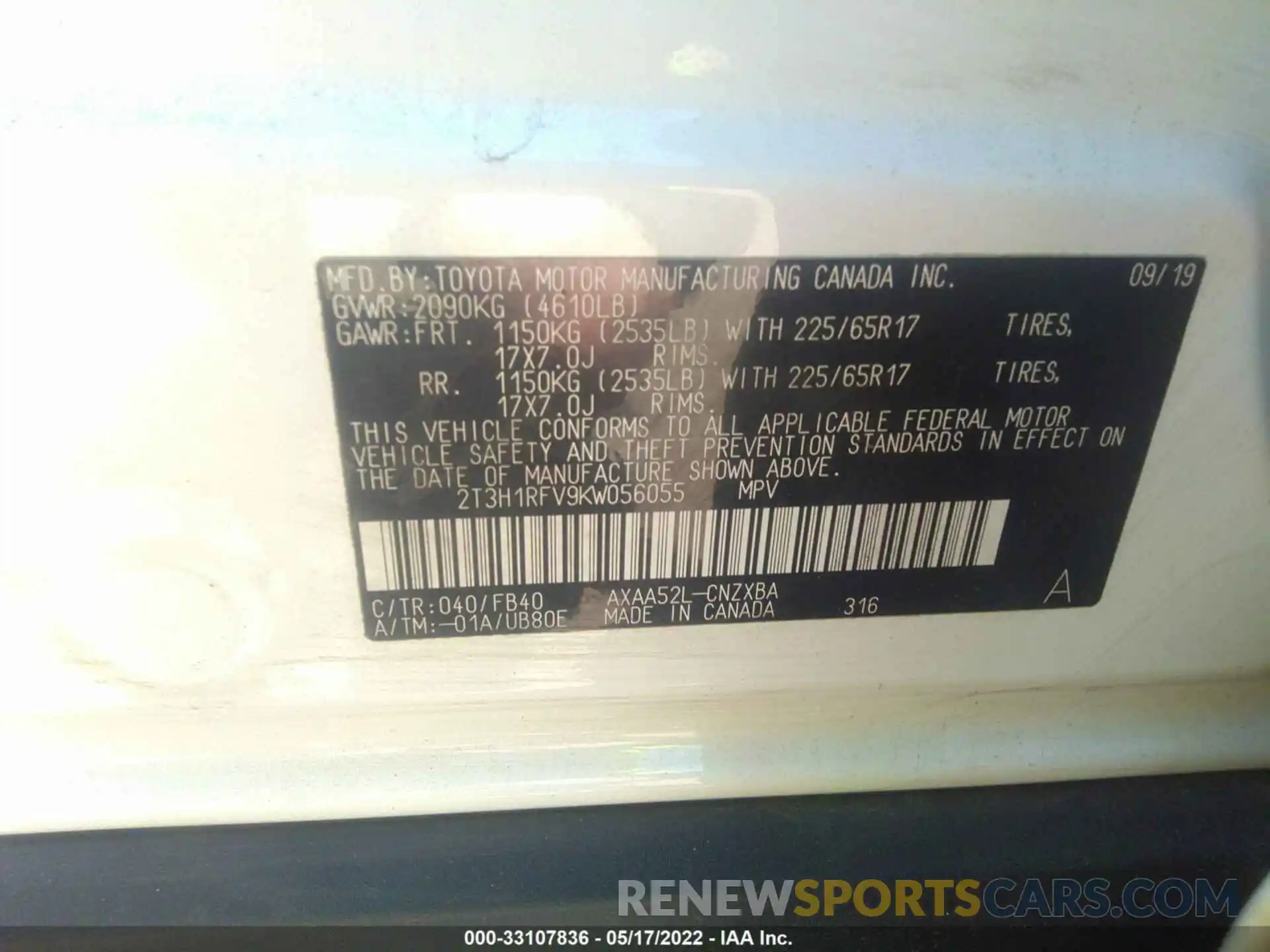 9 Photograph of a damaged car 2T3H1RFV9KW056055 TOYOTA RAV4 2019