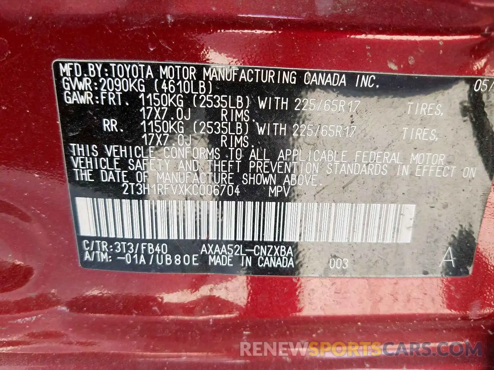 10 Photograph of a damaged car 2T3H1RFVXKC006704 TOYOTA RAV4 2019