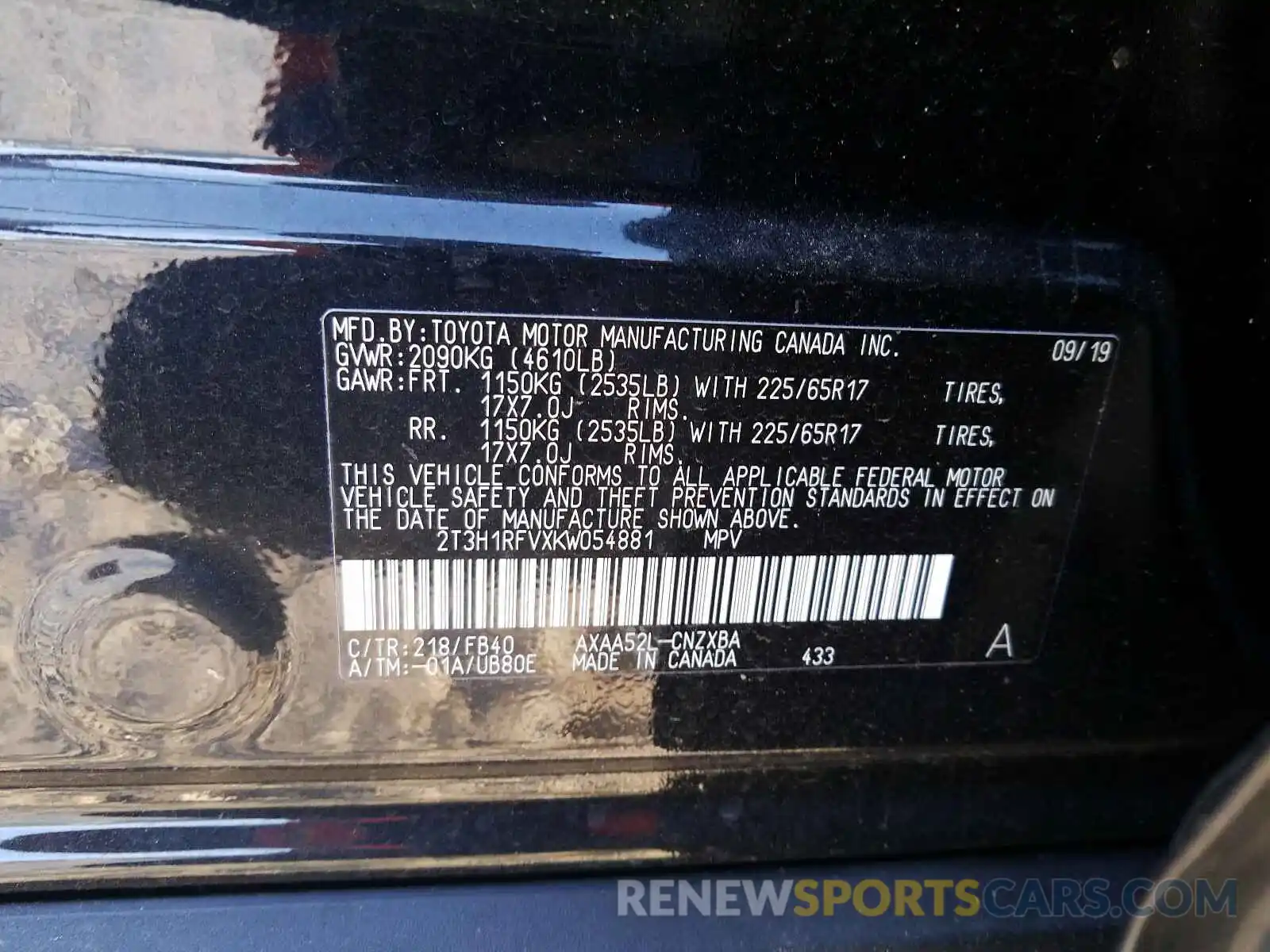 10 Photograph of a damaged car 2T3H1RFVXKW054881 TOYOTA RAV4 2019