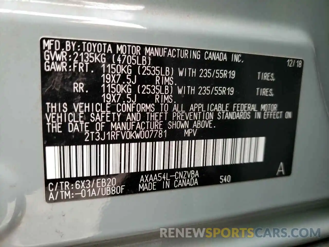 10 Photograph of a damaged car 2T3J1RFV0KW007781 TOYOTA RAV4 2019