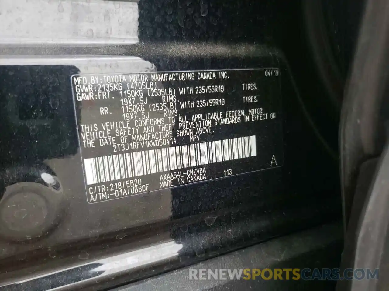 10 Photograph of a damaged car 2T3J1RFV1KW050414 TOYOTA RAV4 2019