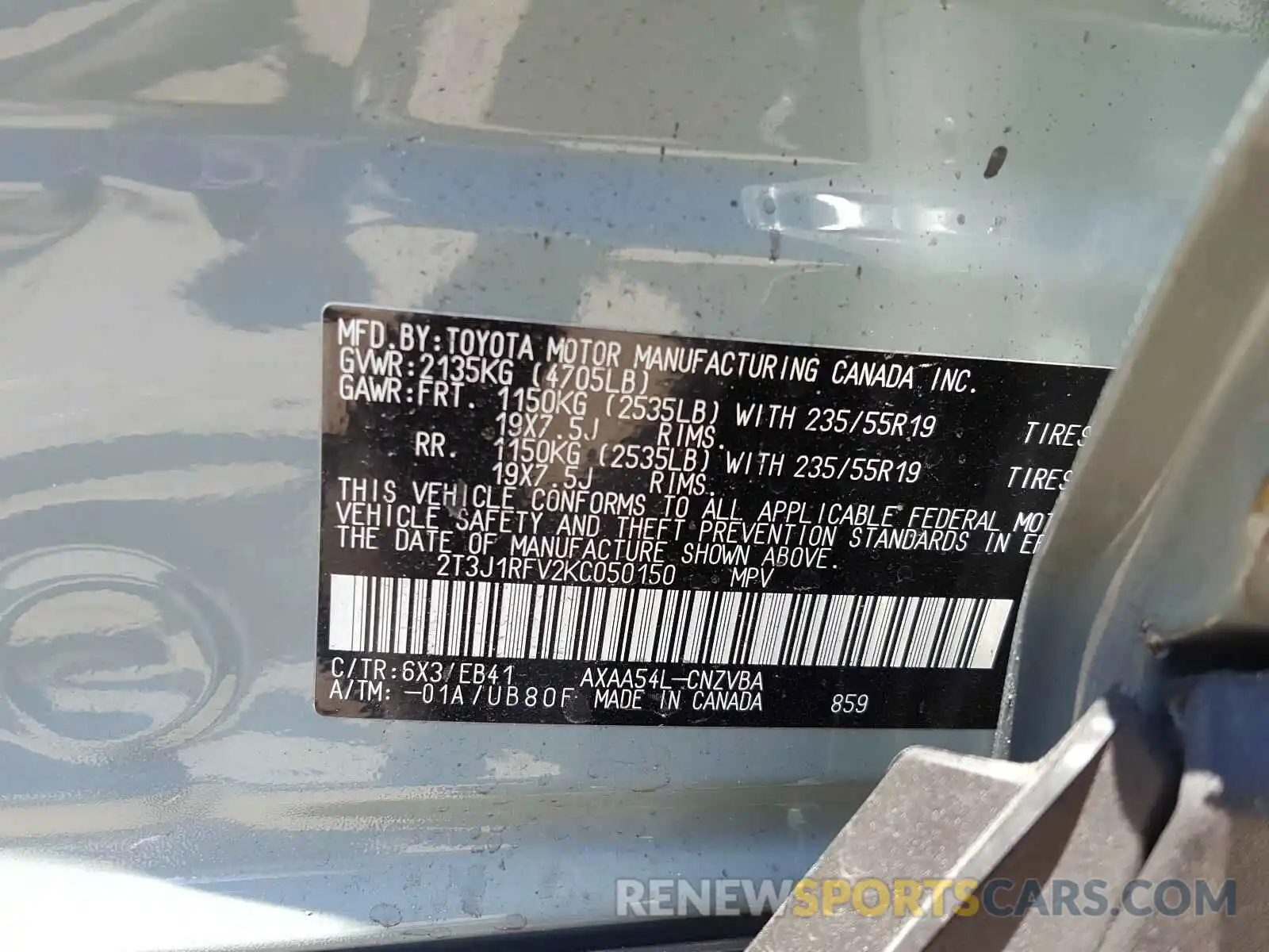 10 Photograph of a damaged car 2T3J1RFV2KC050150 TOYOTA RAV4 2019