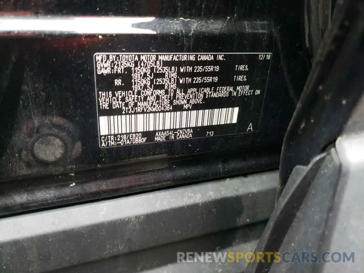 10 Photograph of a damaged car 2T3J1RFV2KW004364 TOYOTA RAV4 2019