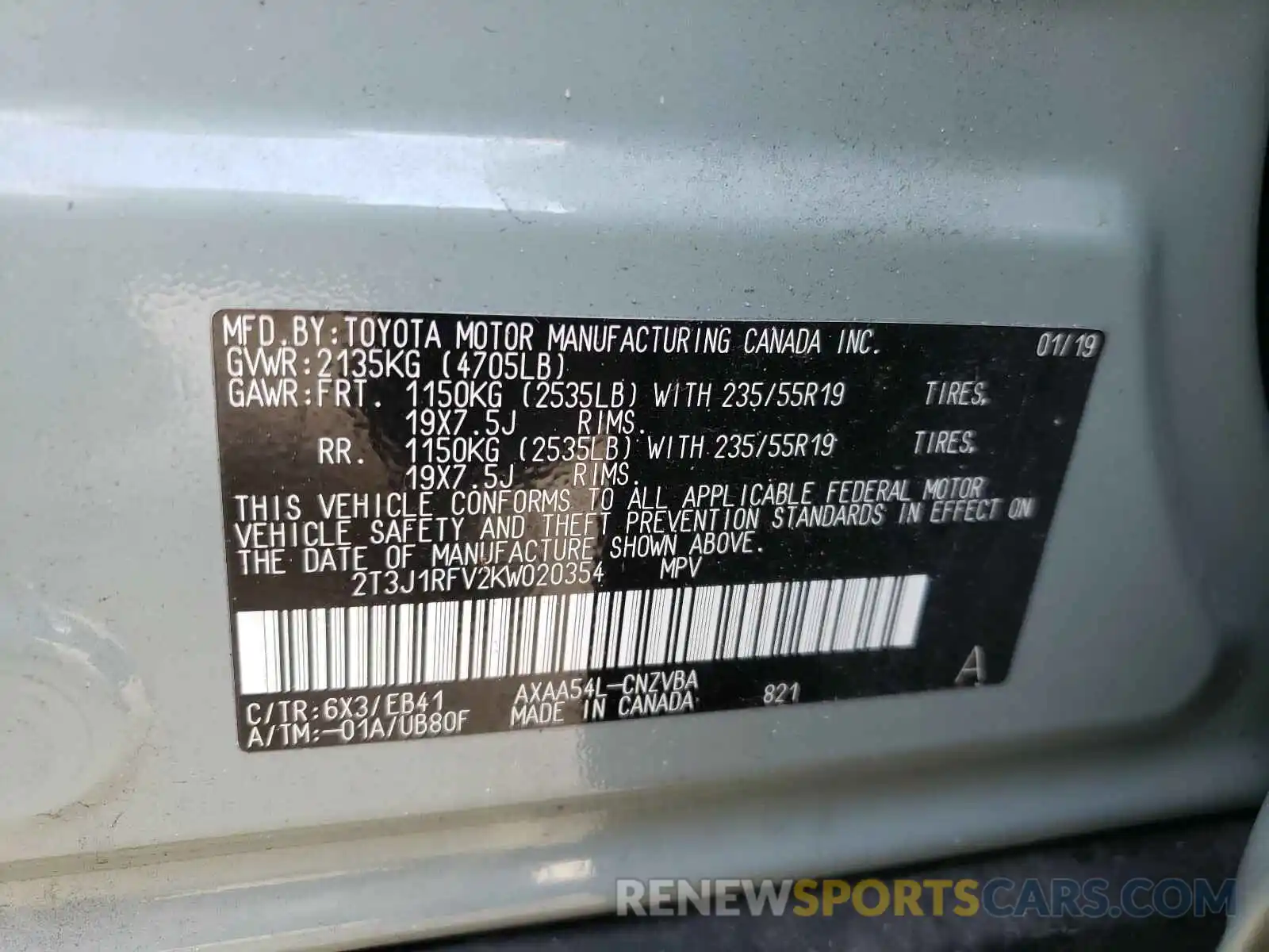 10 Photograph of a damaged car 2T3J1RFV2KW020354 TOYOTA RAV4 2019