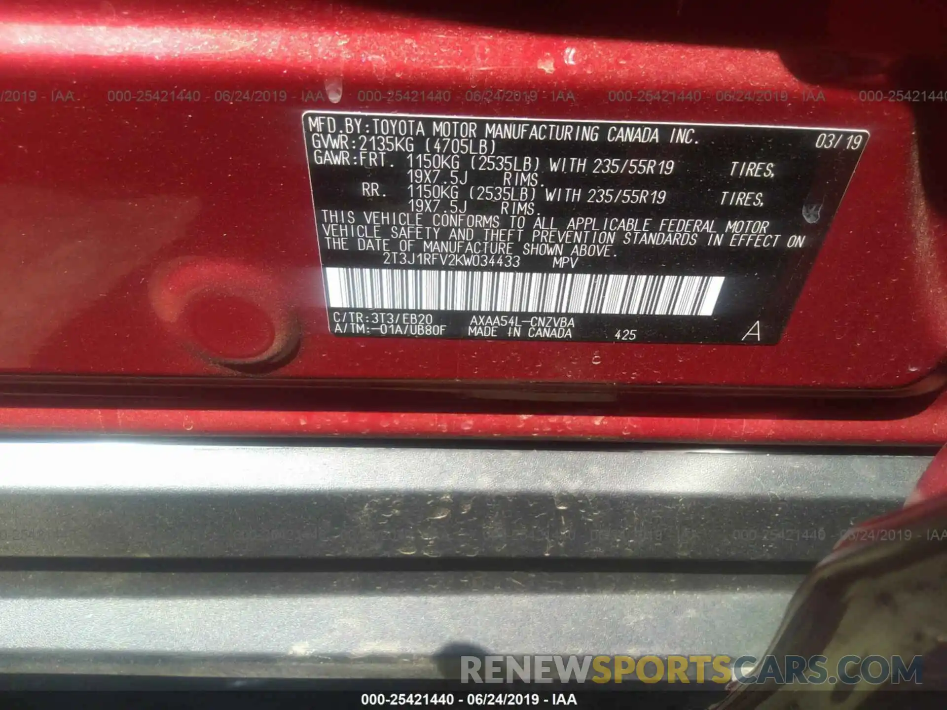 9 Photograph of a damaged car 2T3J1RFV2KW034433 TOYOTA RAV4 2019