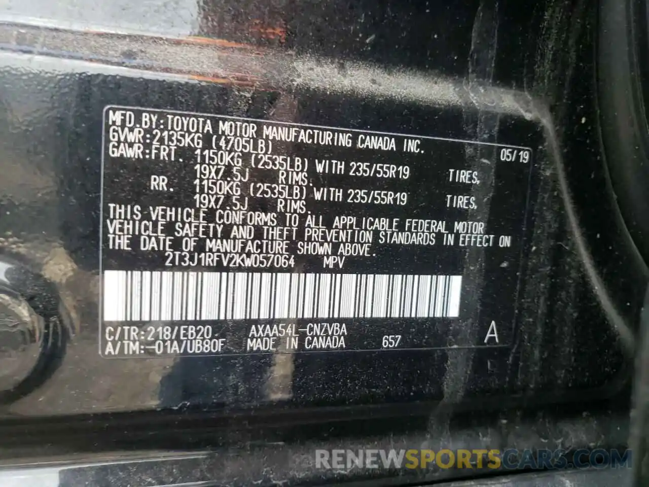 10 Photograph of a damaged car 2T3J1RFV2KW057064 TOYOTA RAV4 2019