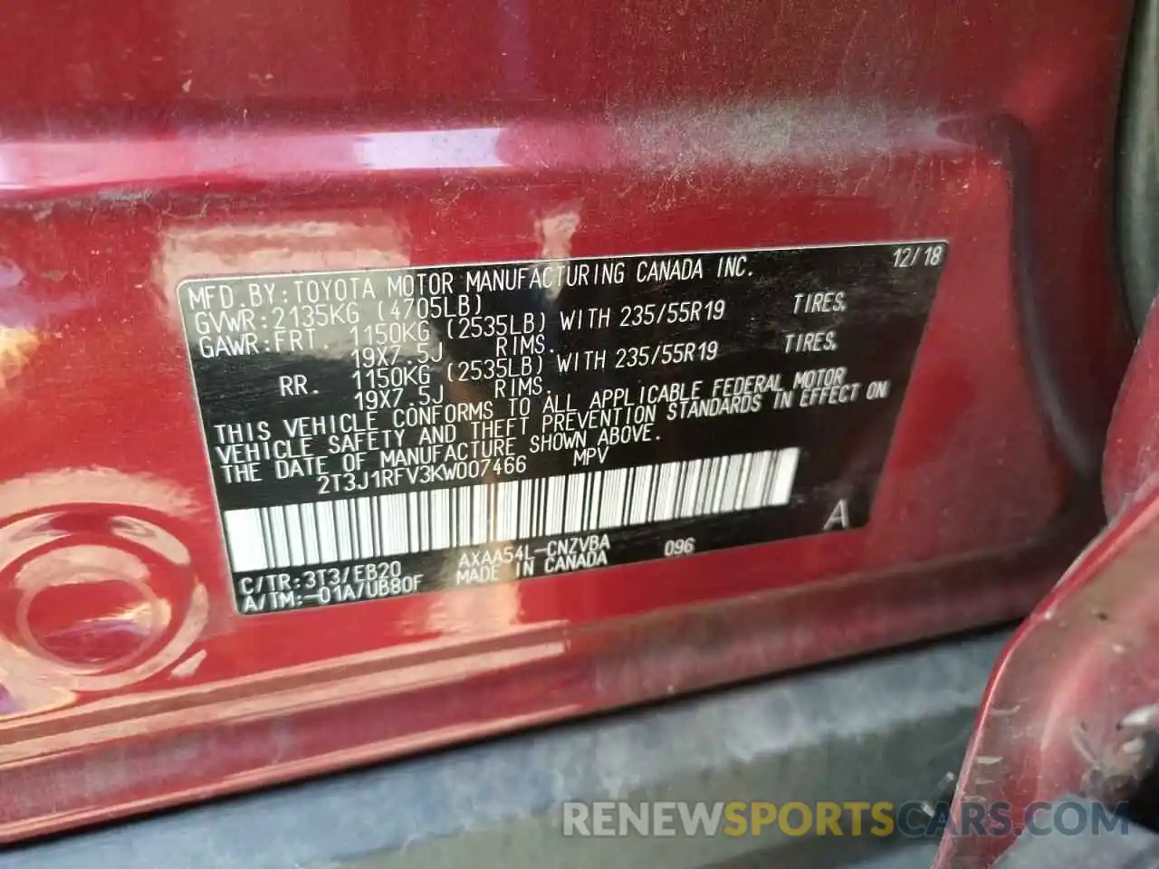 10 Photograph of a damaged car 2T3J1RFV3KW007466 TOYOTA RAV4 2019