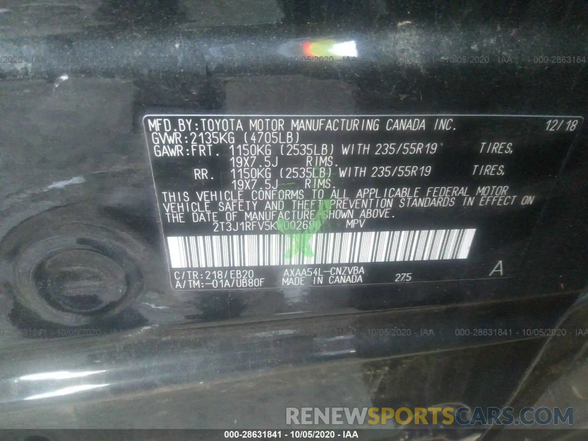 9 Фотография поврежденного автомобиля 2T3J1RFV5KW002690 TOYOTA RAV4 2019