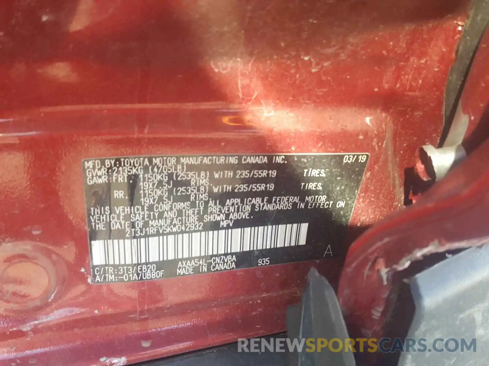 10 Photograph of a damaged car 2T3J1RFV5KW042932 TOYOTA RAV4 2019