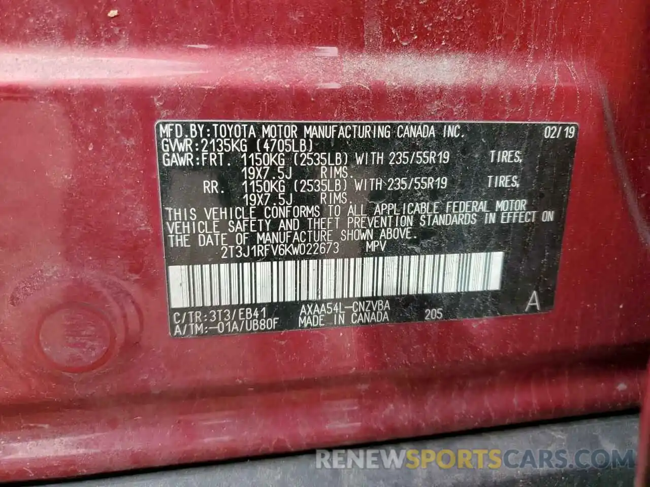 12 Photograph of a damaged car 2T3J1RFV6KW022673 TOYOTA RAV4 2019