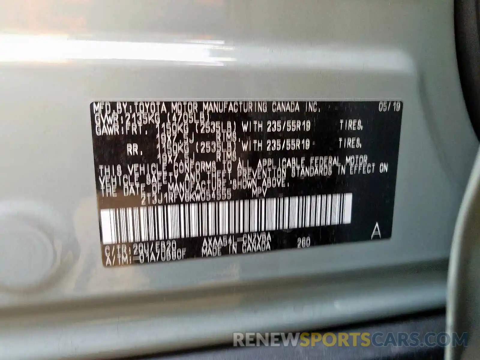 10 Photograph of a damaged car 2T3J1RFV6KW054555 TOYOTA RAV4 2019