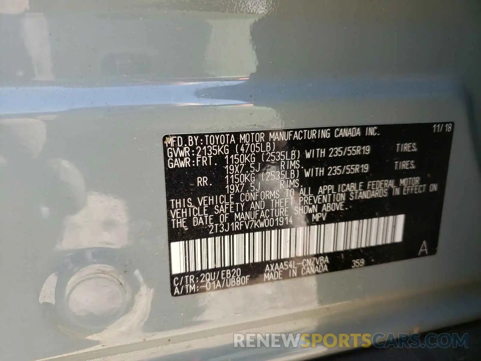 10 Photograph of a damaged car 2T3J1RFV7KW001914 TOYOTA RAV4 2019