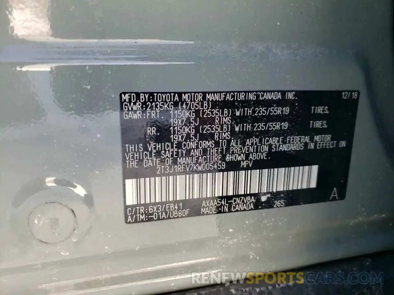 10 Photograph of a damaged car 2T3J1RFV7KW005459 TOYOTA RAV4 2019