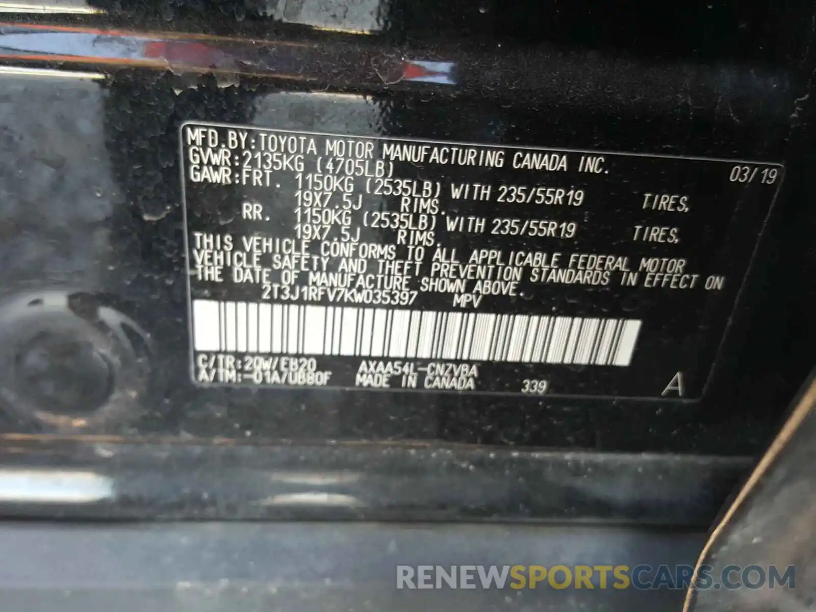 10 Photograph of a damaged car 2T3J1RFV7KW035397 TOYOTA RAV4 2019