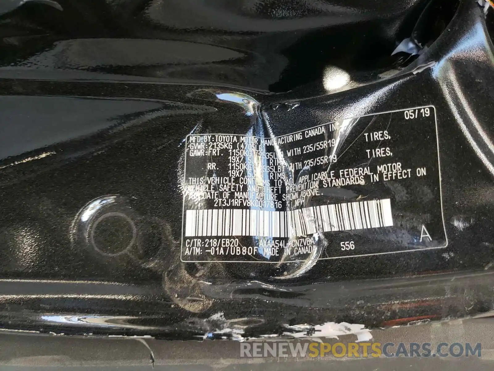 10 Photograph of a damaged car 2T3J1RFV8KC017816 TOYOTA RAV4 2019