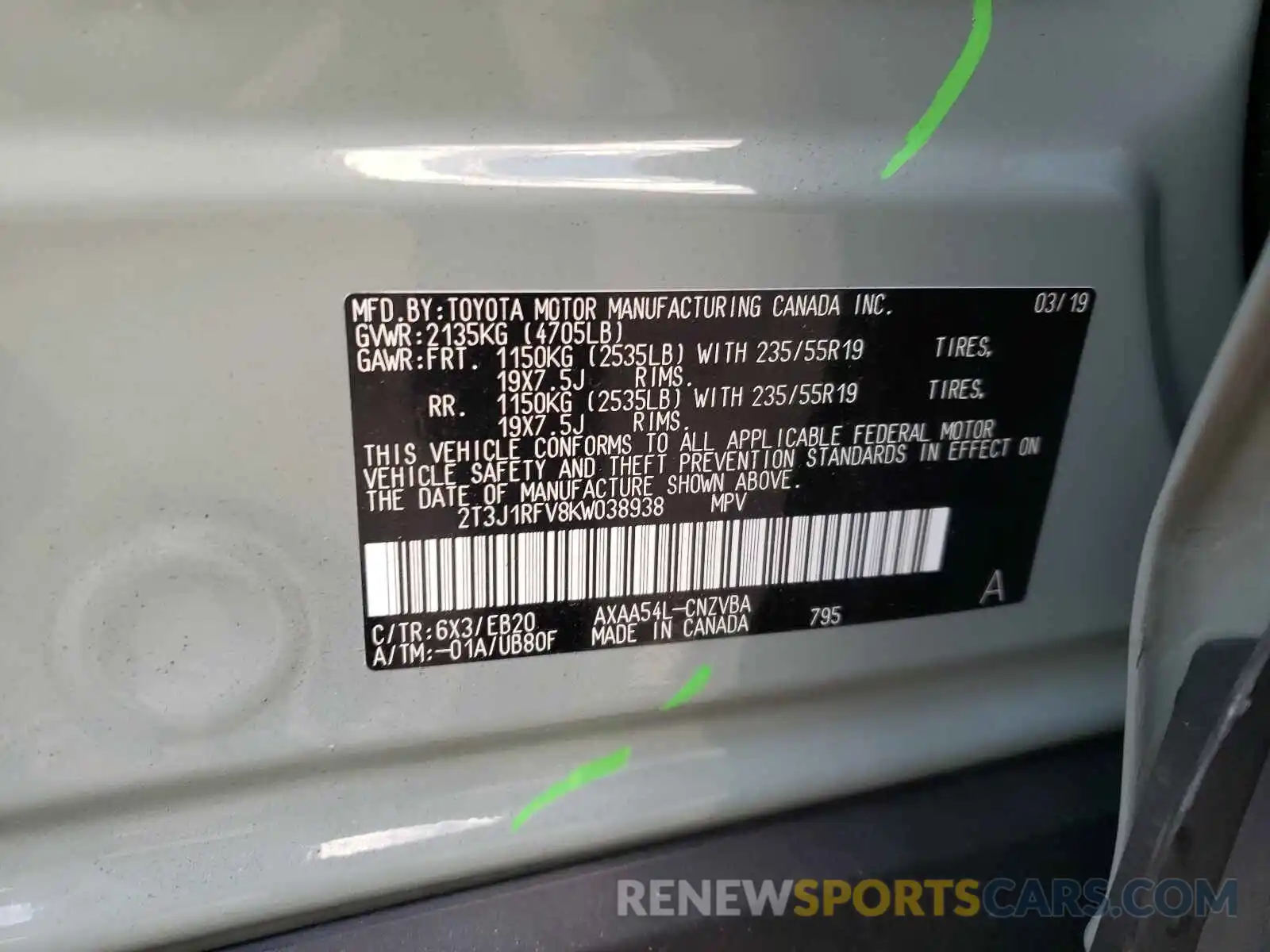 10 Photograph of a damaged car 2T3J1RFV8KW038938 TOYOTA RAV4 2019