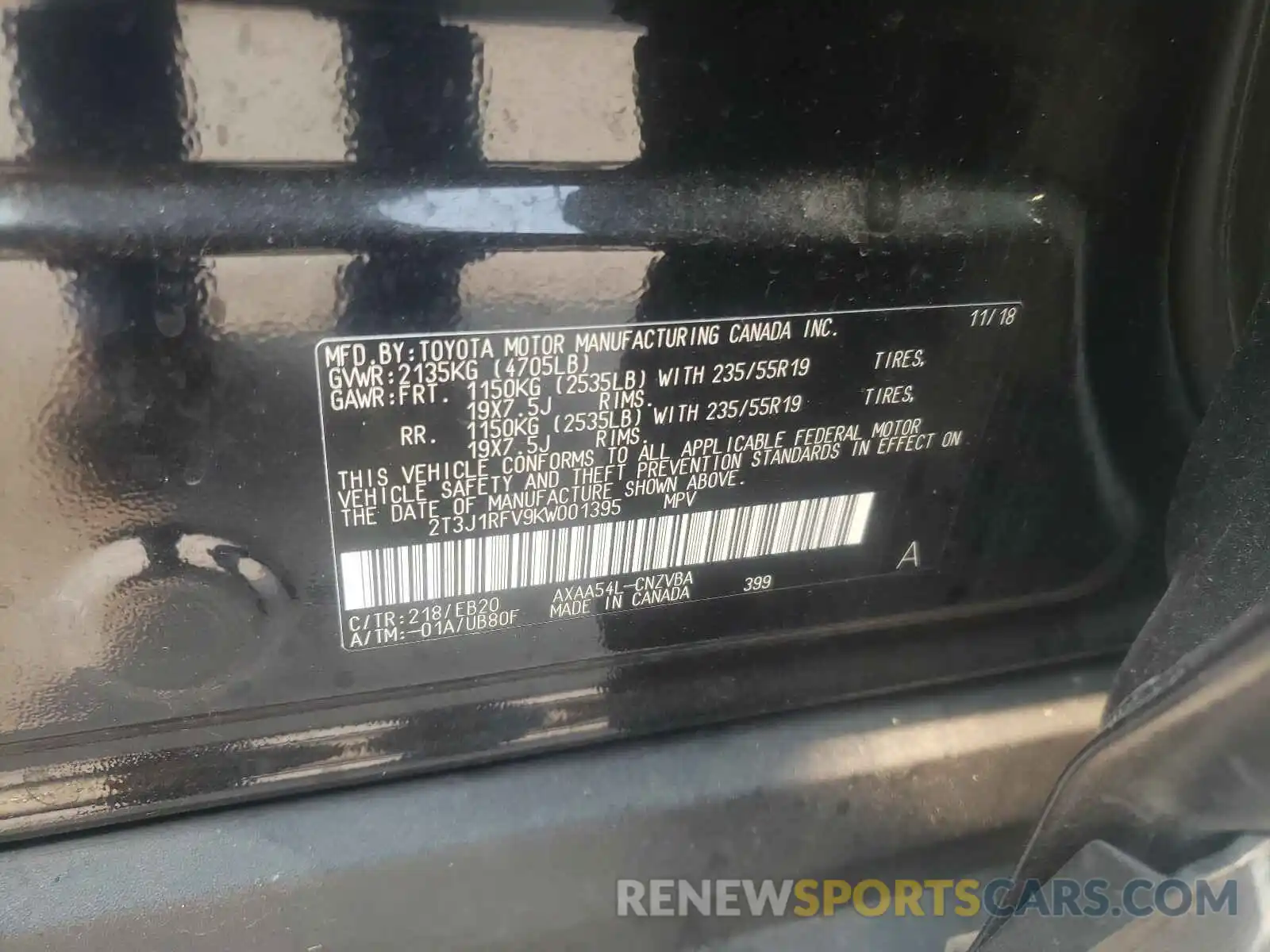 10 Photograph of a damaged car 2T3J1RFV9KW001395 TOYOTA RAV4 2019