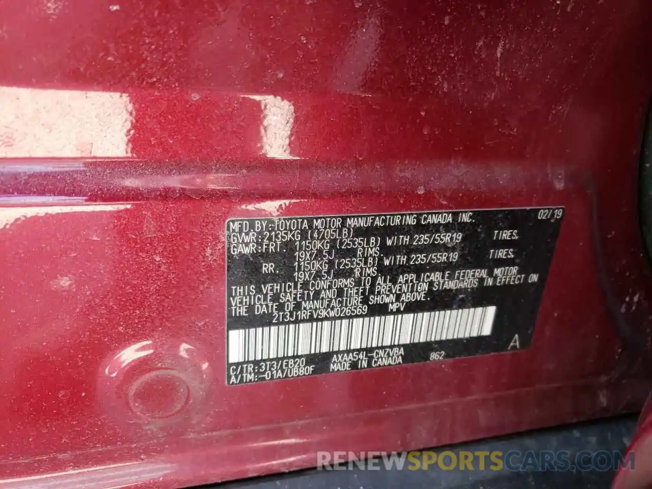 10 Photograph of a damaged car 2T3J1RFV9KW026569 TOYOTA RAV4 2019