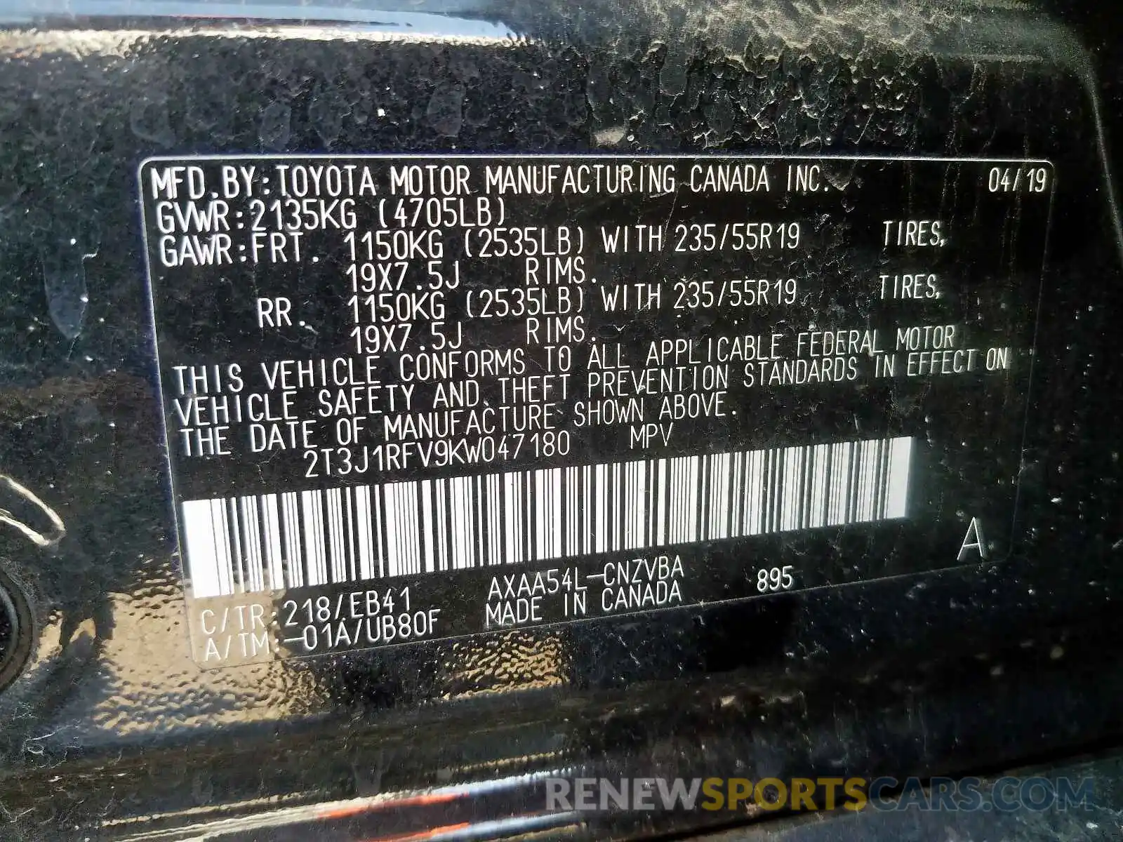 10 Photograph of a damaged car 2T3J1RFV9KW047180 TOYOTA RAV4 2019