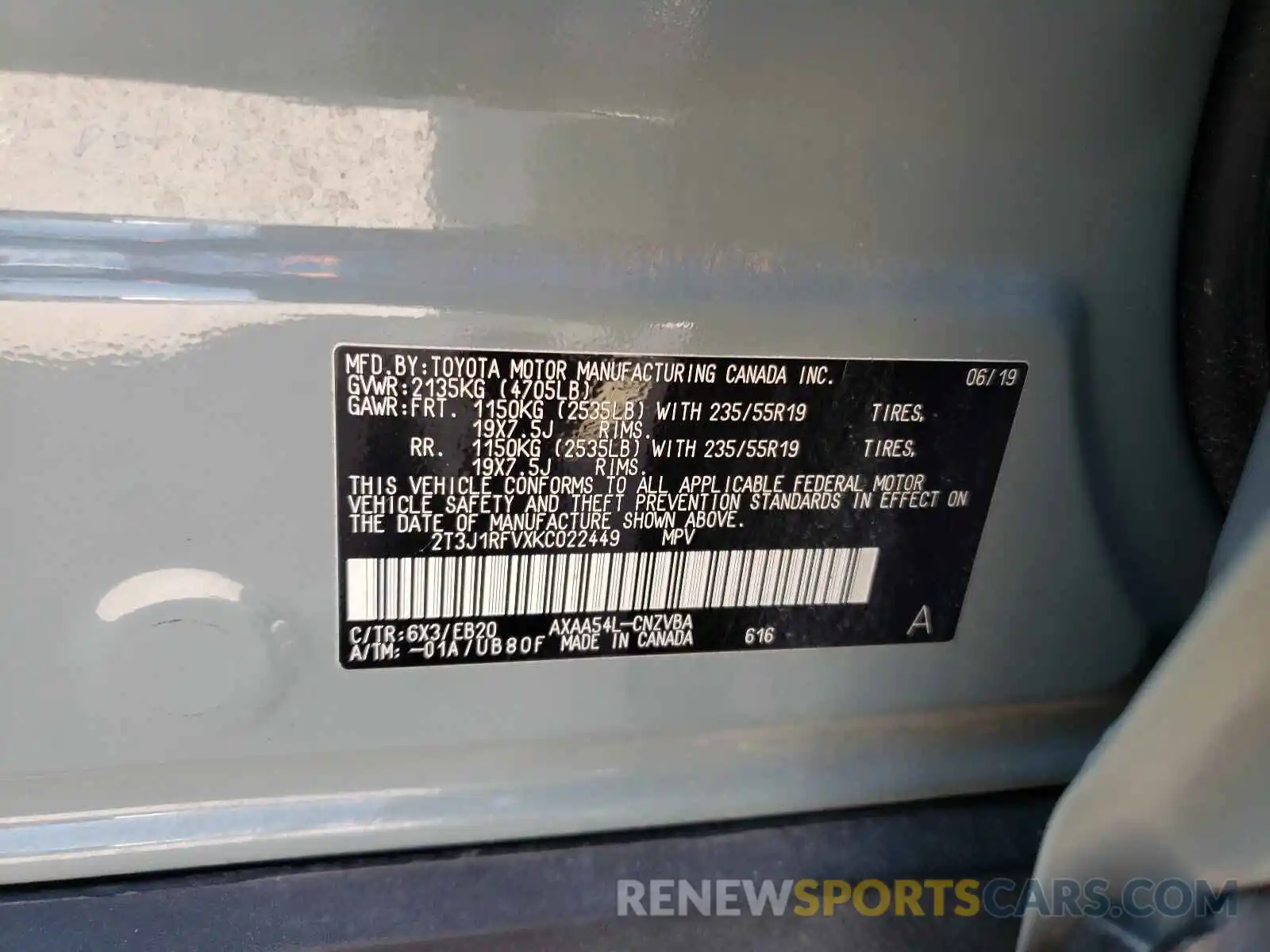 10 Photograph of a damaged car 2T3J1RFVXKC022449 TOYOTA RAV4 2019