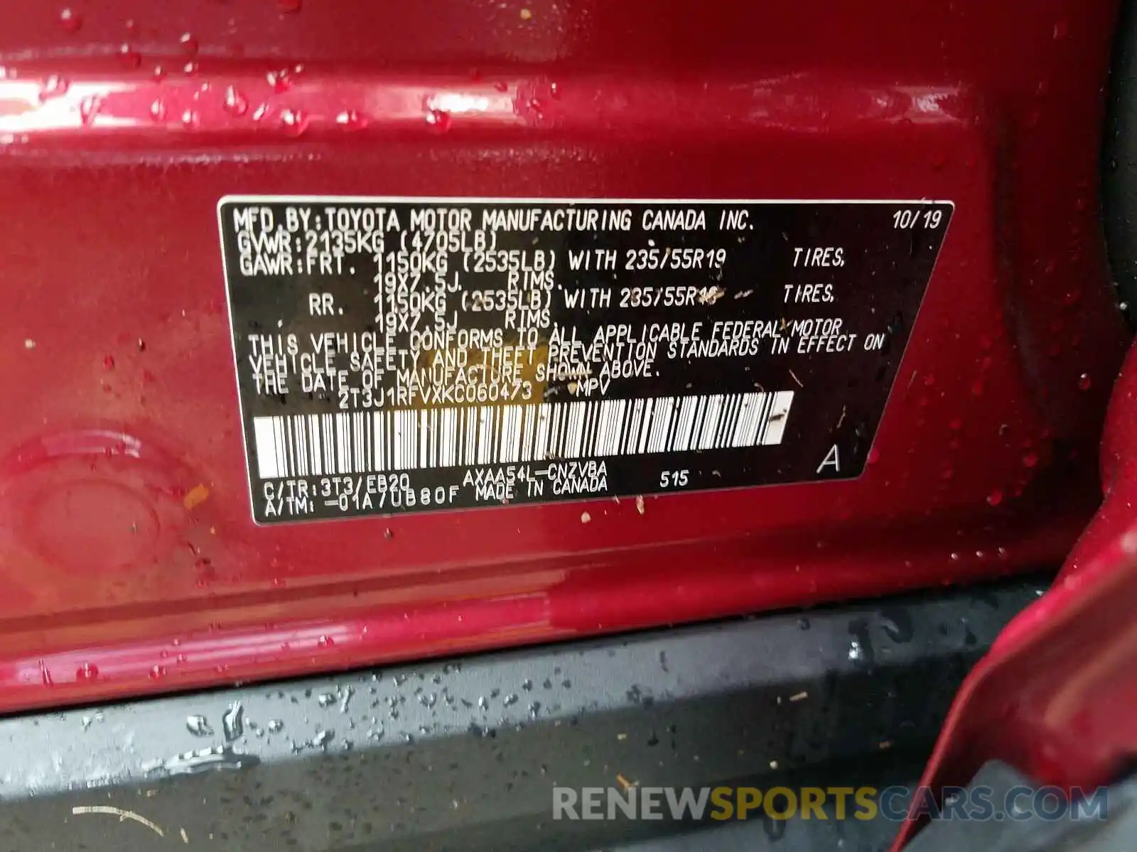 10 Photograph of a damaged car 2T3J1RFVXKC060473 TOYOTA RAV4 2019