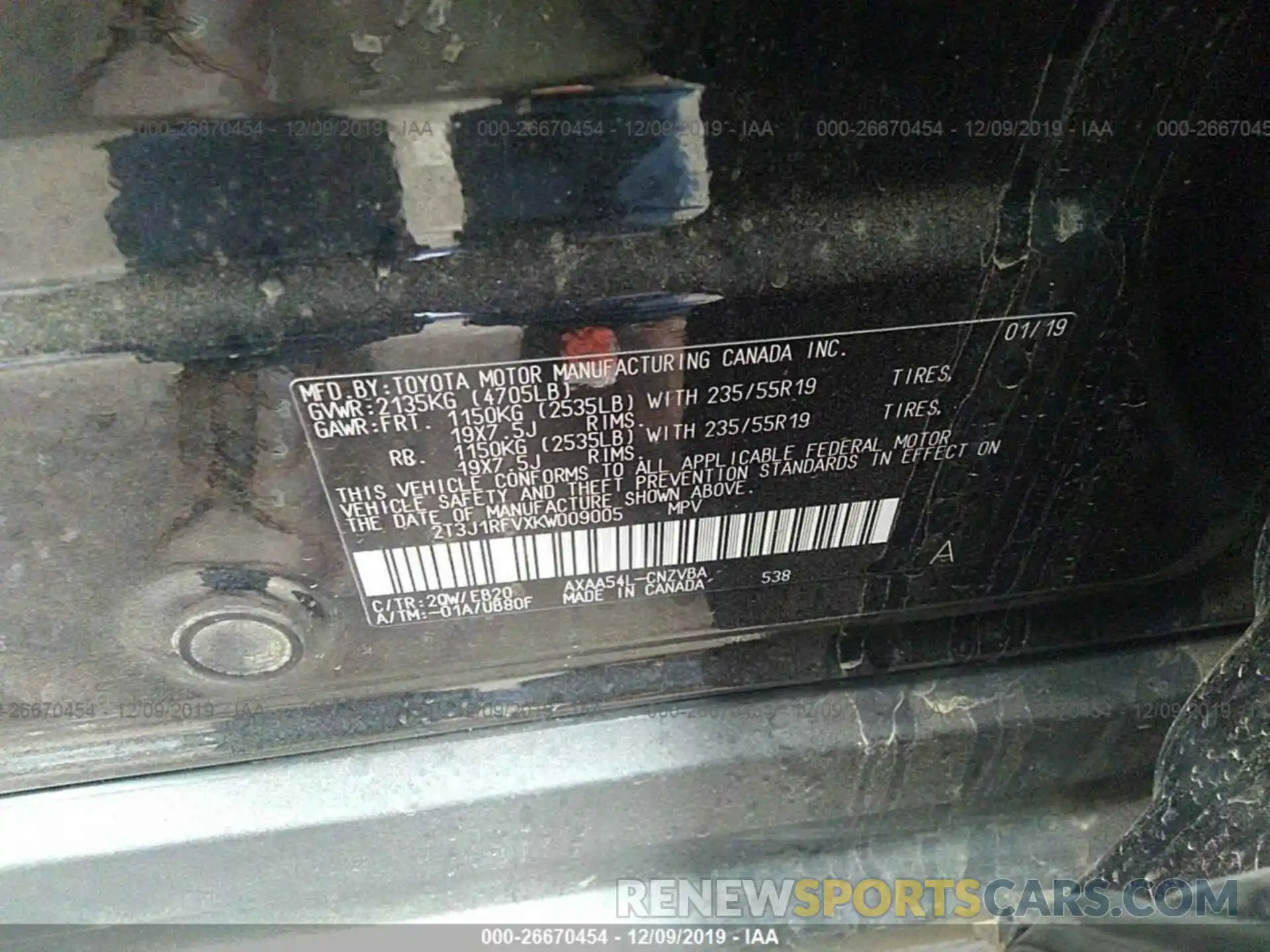 9 Фотография поврежденного автомобиля 2T3J1RFVXKW009005 TOYOTA RAV4 2019