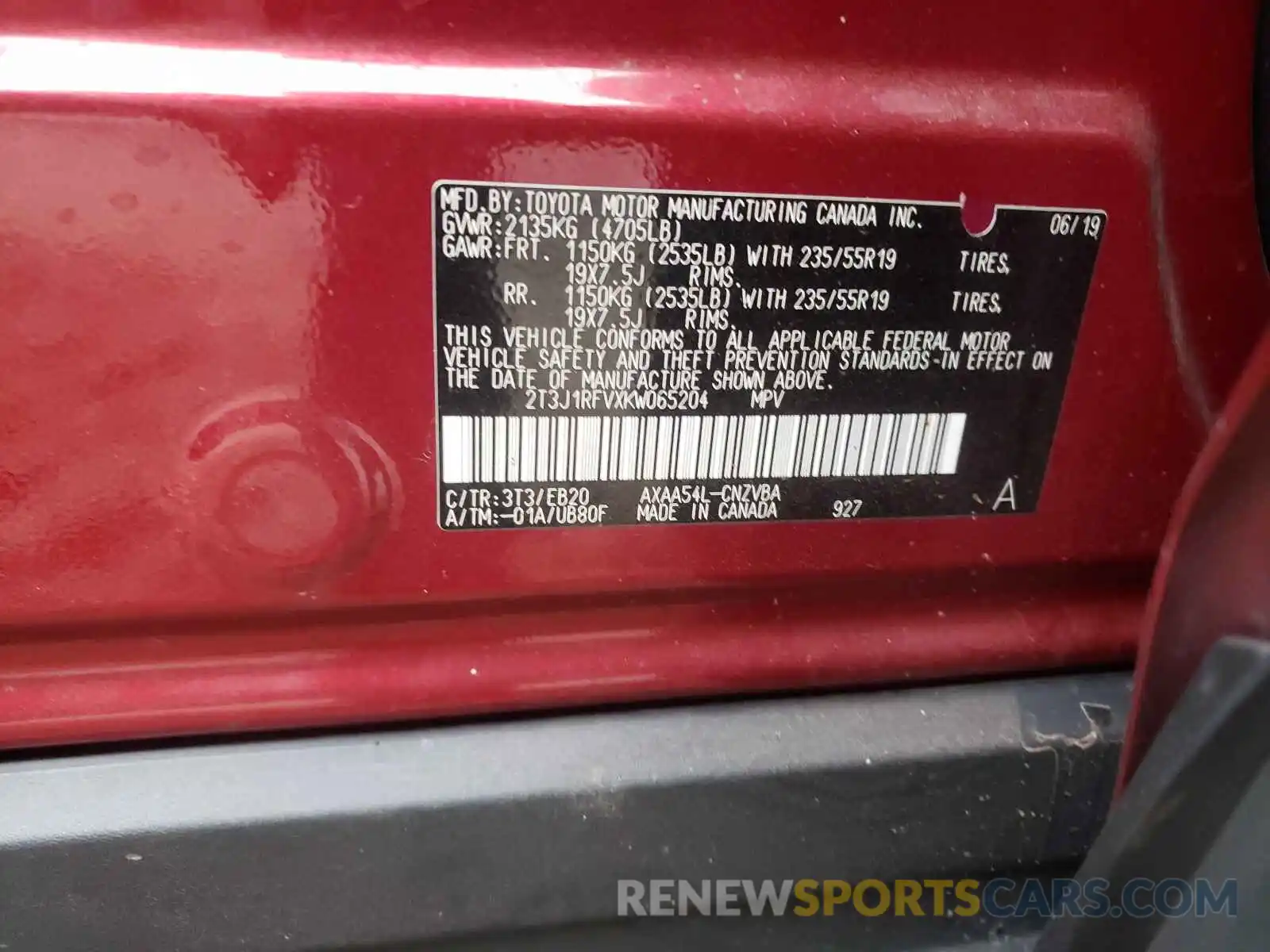 10 Photograph of a damaged car 2T3J1RFVXKW065204 TOYOTA RAV4 2019