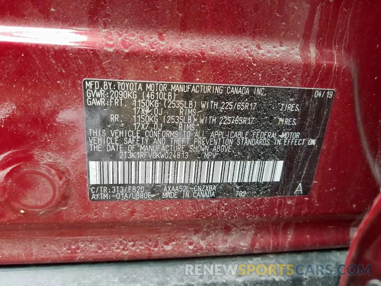 10 Photograph of a damaged car 2T3K1RFV0KW024813 TOYOTA RAV4 2019