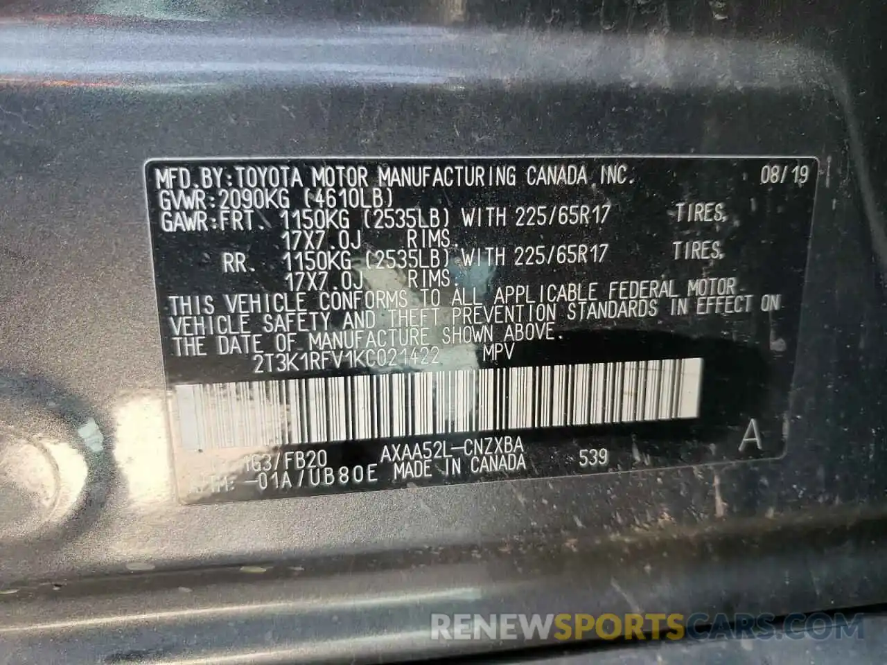 10 Photograph of a damaged car 2T3K1RFV1KC021422 TOYOTA RAV4 2019