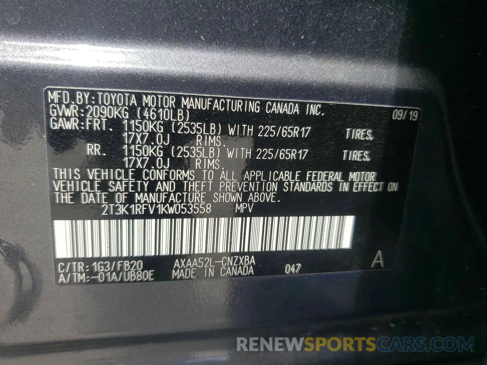 10 Photograph of a damaged car 2T3K1RFV1KW053558 TOYOTA RAV4 2019