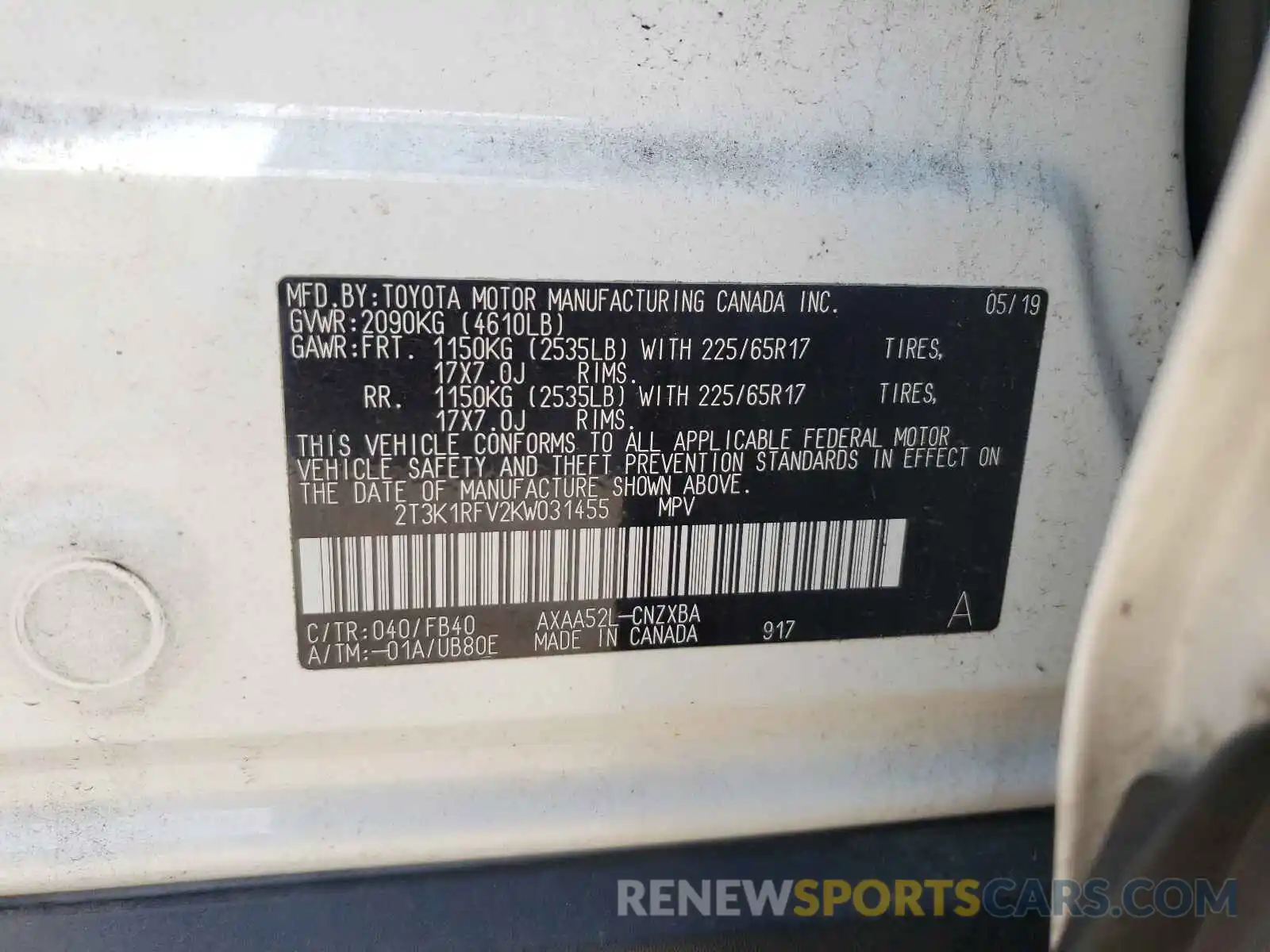 10 Photograph of a damaged car 2T3K1RFV2KW031455 TOYOTA RAV4 2019