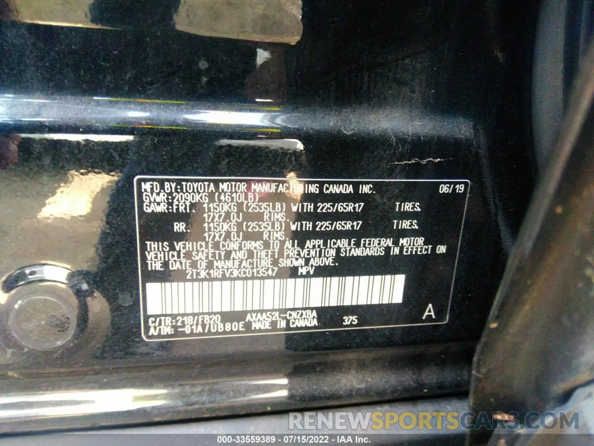 9 Фотография поврежденного автомобиля 2T3K1RFV3KC013547 TOYOTA RAV4 2019