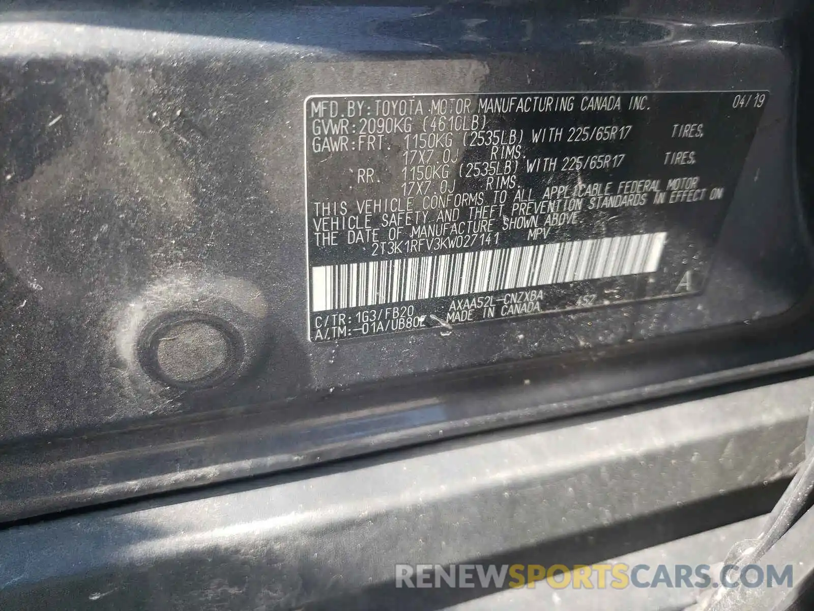 10 Photograph of a damaged car 2T3K1RFV3KW027141 TOYOTA RAV4 2019