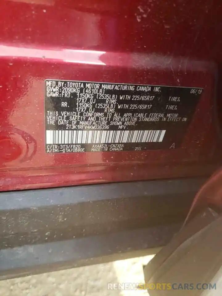 10 Photograph of a damaged car 2T3K1RFV4KW036396 TOYOTA RAV4 2019