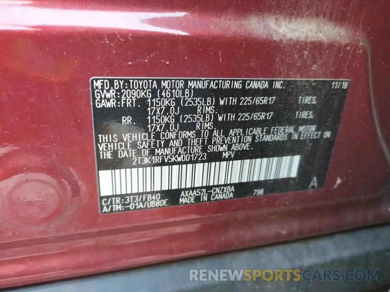 10 Photograph of a damaged car 2T3K1RFV5KW001723 TOYOTA RAV4 2019