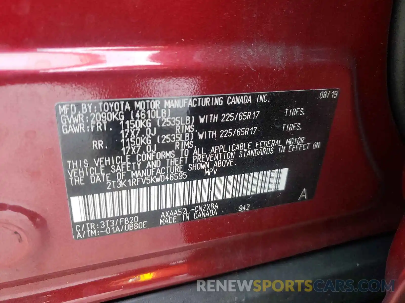 10 Фотография поврежденного автомобиля 2T3K1RFV5KW046595 TOYOTA RAV4 2019