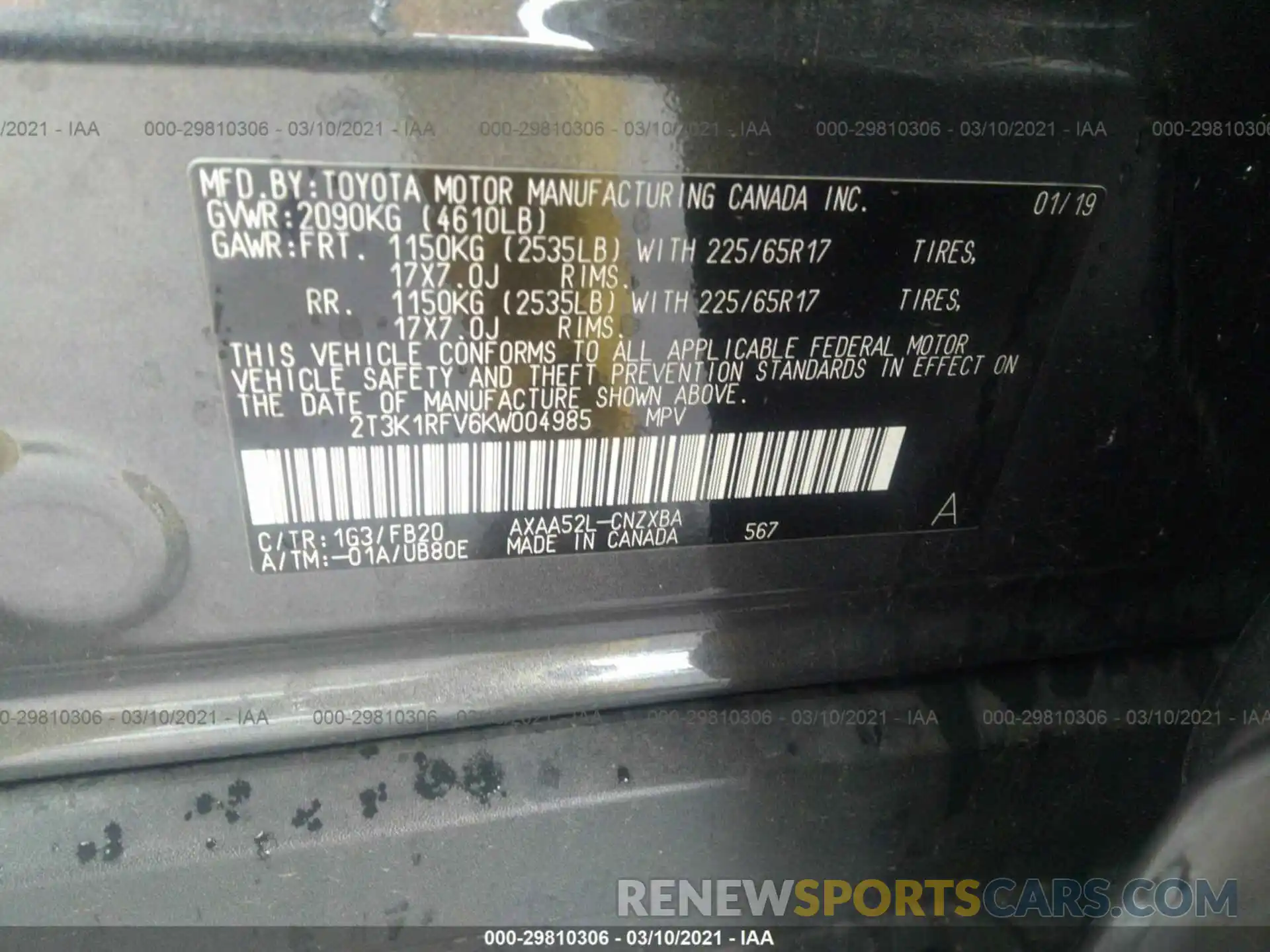 9 Photograph of a damaged car 2T3K1RFV6KW004985 TOYOTA RAV4 2019