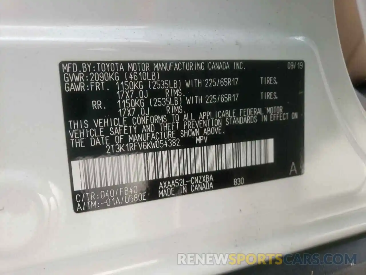 10 Photograph of a damaged car 2T3K1RFV6KW054382 TOYOTA RAV4 2019