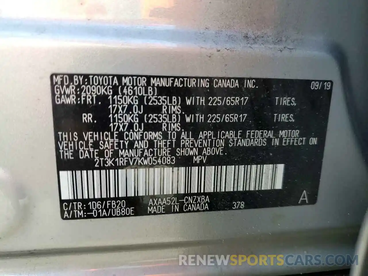 10 Photograph of a damaged car 2T3K1RFV7KW054083 TOYOTA RAV4 2019