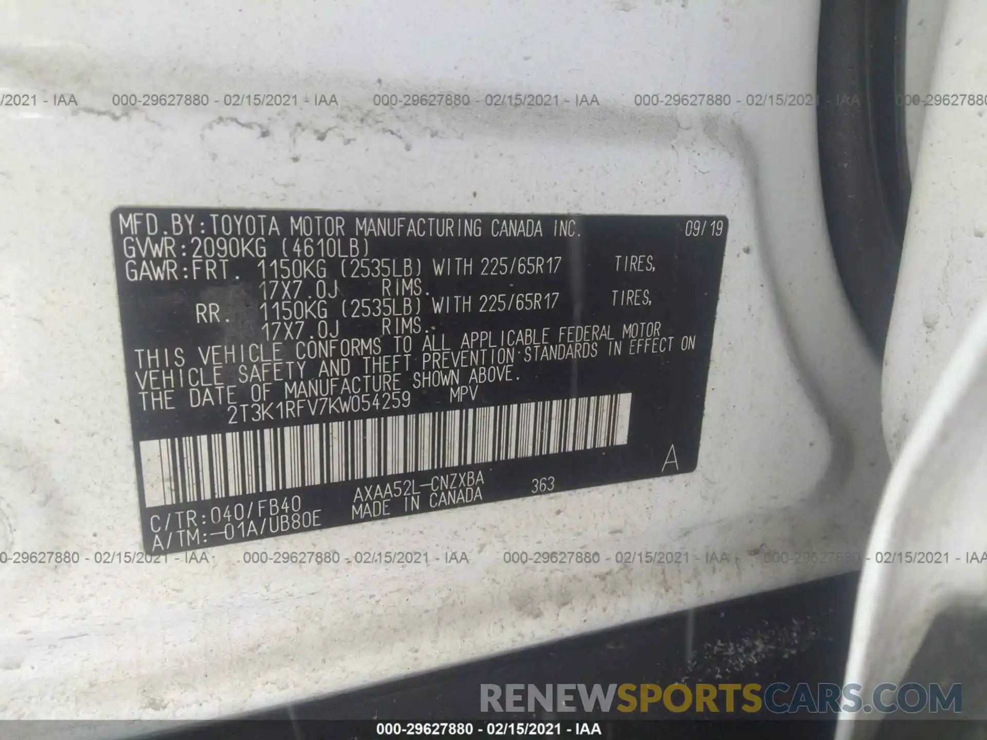 9 Photograph of a damaged car 2T3K1RFV7KW054259 TOYOTA RAV4 2019