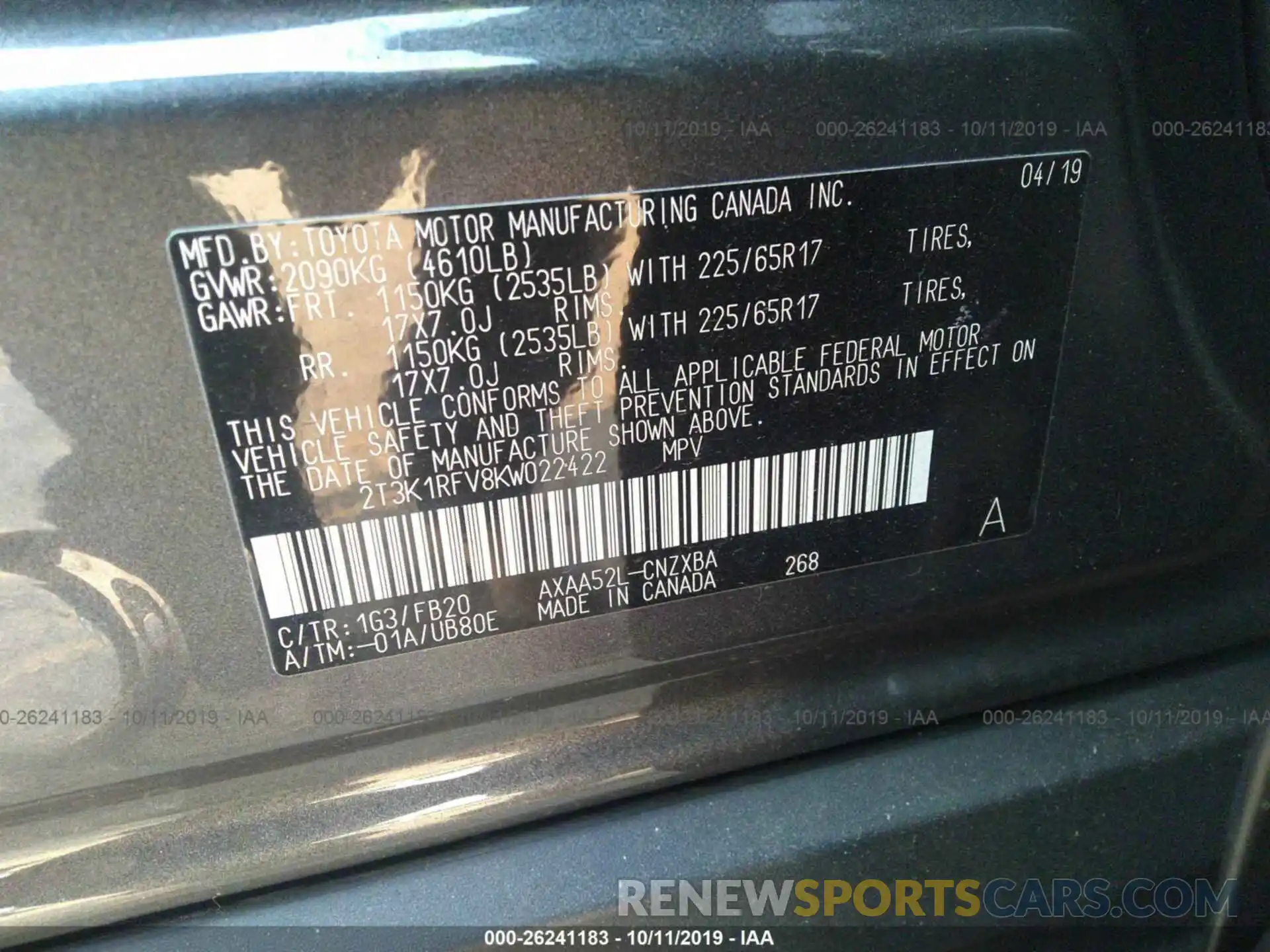 9 Photograph of a damaged car 2T3K1RFV8KW022422 TOYOTA RAV4 2019