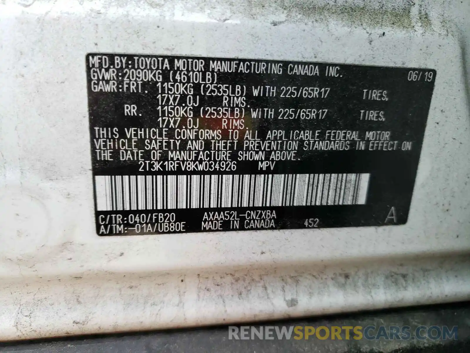 10 Photograph of a damaged car 2T3K1RFV8KW034926 TOYOTA RAV4 2019